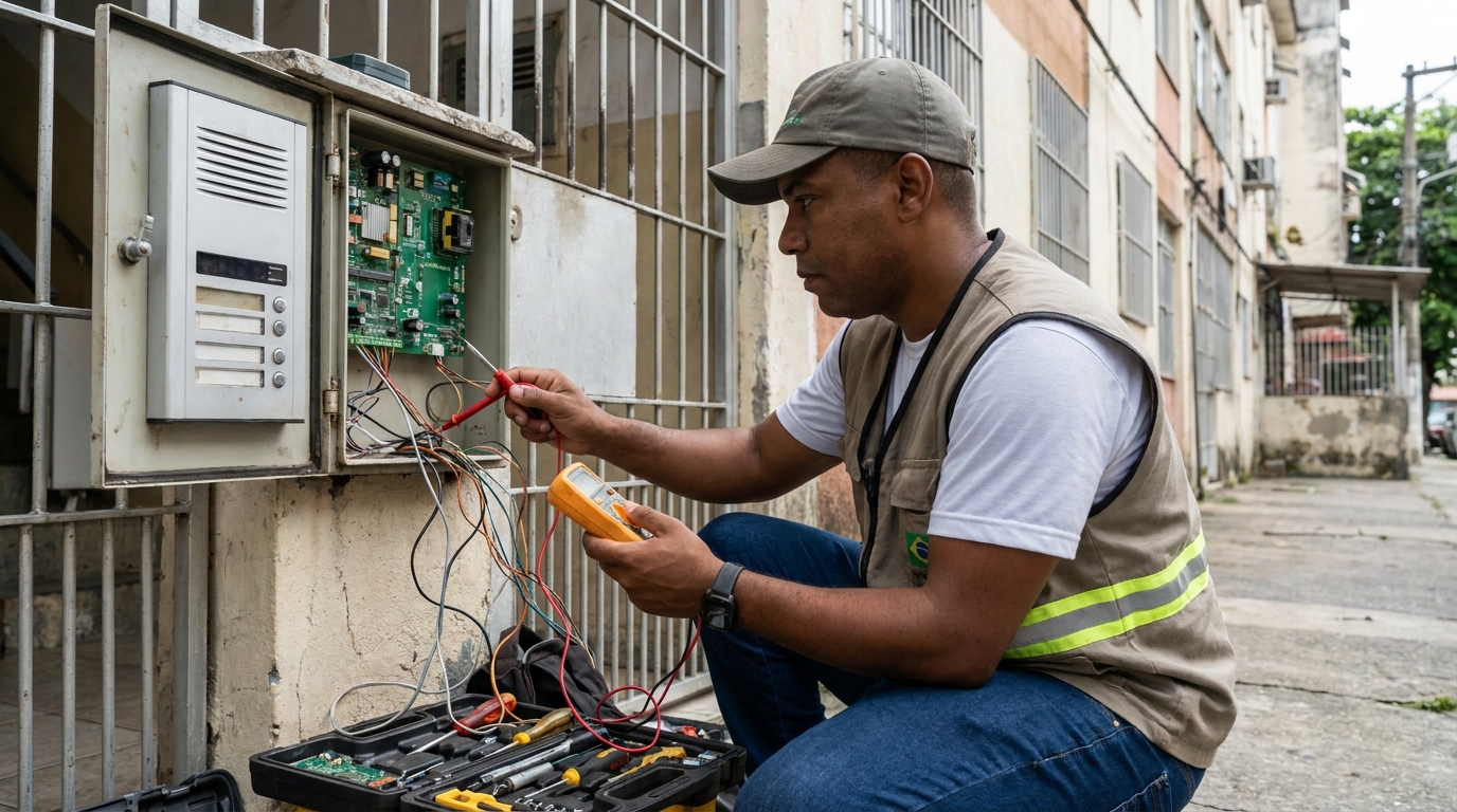 Eletricista consertando interfone em Fortaleza‑CE