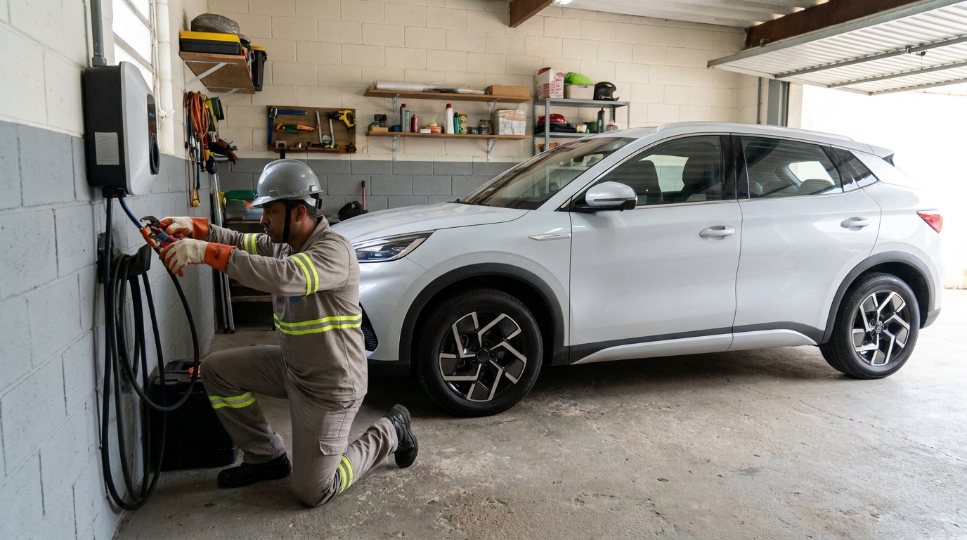 Eletricista instalando carregador de carro eletrico em Fortaleza‑CE
