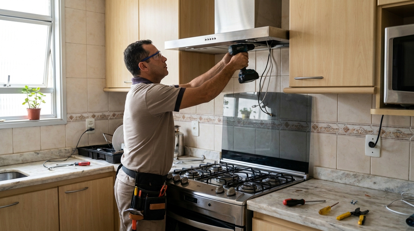 Eletricista instalando coifa em Fortaleza‑CE